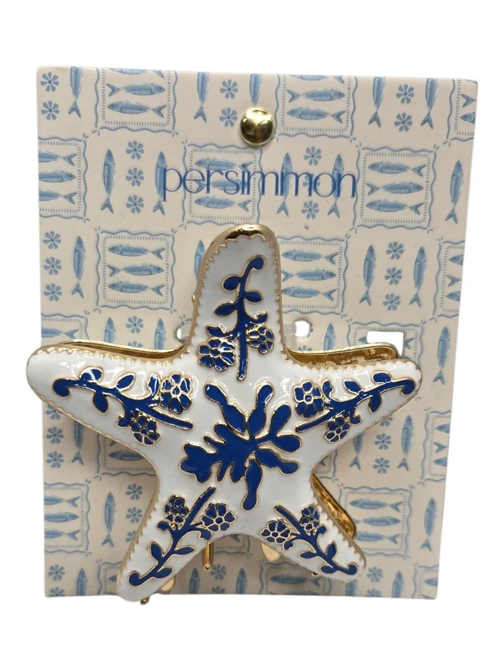 💙▪️Persimmon ▪️White & Blue Starfish Hair Metal Claw Clip with Gold Accents